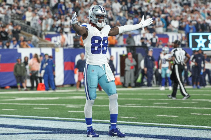Dallas Cowboys wide receiver CeeDee Lamb (88) celebrates after a touchdown during the second half against the New York Giants at MetLife Stadium on September 10, 2023.