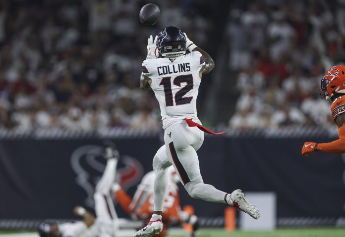 Houston Texans wide receiver Nico Collins (12) makes a reception during the second quarter against the Chicago Bears at NRG Stadium on September 15, 2024.