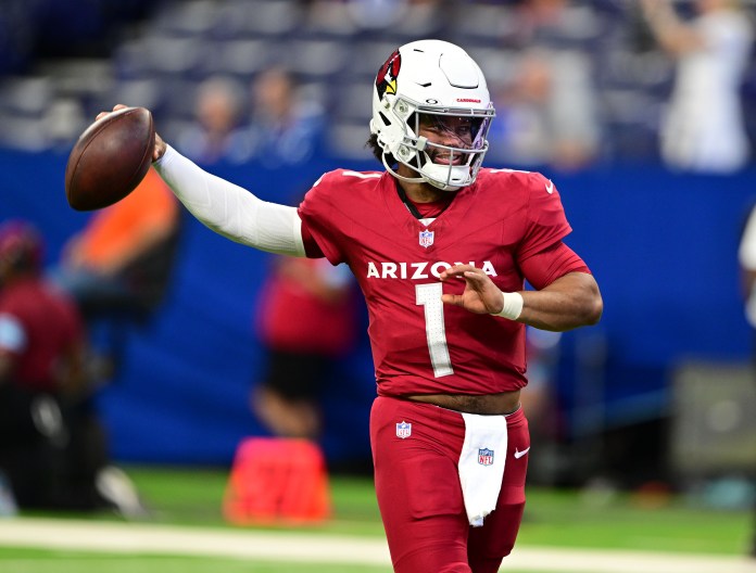 Arizona Cardinals quarterback Kyler Murray (1) throws a pass to warm up before the game against the Indianapolis Colts at Lucas Oil Stadium on August 17, 2024.