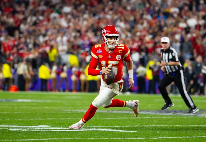 Kansas City Chiefs quarterback Patrick Mahomes (15) against the San Francisco 49ers during Super Bowl LVIII at Allegiant Stadium
