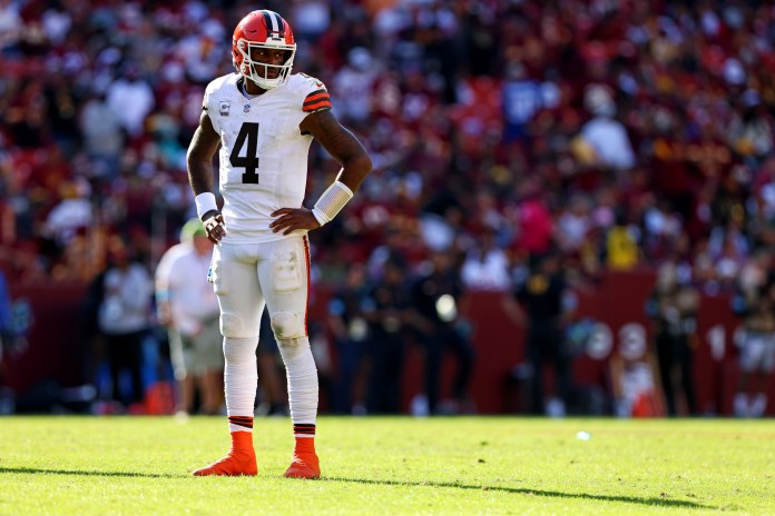 Cleveland Browns quarterback Deshaun Watson (4) waits for a play during the fourth quarter against the Washington Commanders at NorthWest Stadium on October 6, 2024.