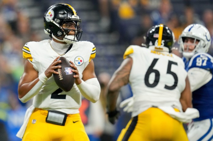Pittsburgh Steelers quarterback Justin Fields (2) drops back to pass during the game against the Indianapolis Colts at Lucas Oil Stadium on September 29, 2024.