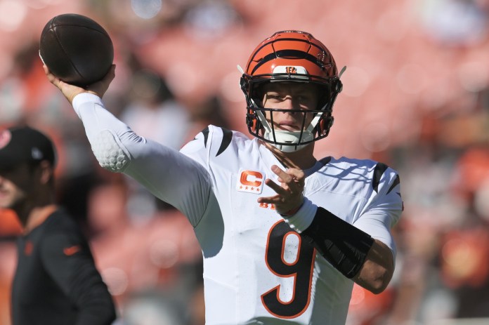 Bengals quarterback Joe Burrow throws a pass in a win over the Browns in Week 7 of the 2024 NFL season.