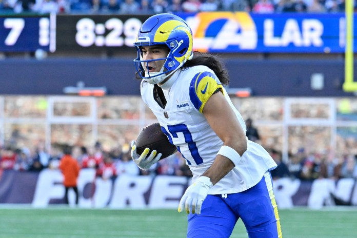 Los Angeles Rams wide receiver Puka Nacua makes a catch during the first half against the New England Patriots