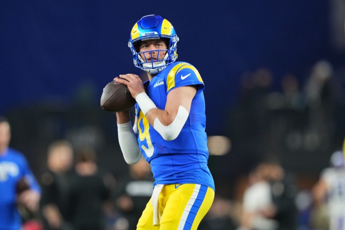 Los Angeles Rams quarterback Matthew Stafford (9) warms up before the NFC wild card game against the Minnesota Vikings at State Farm Stadium on January 13, 2025